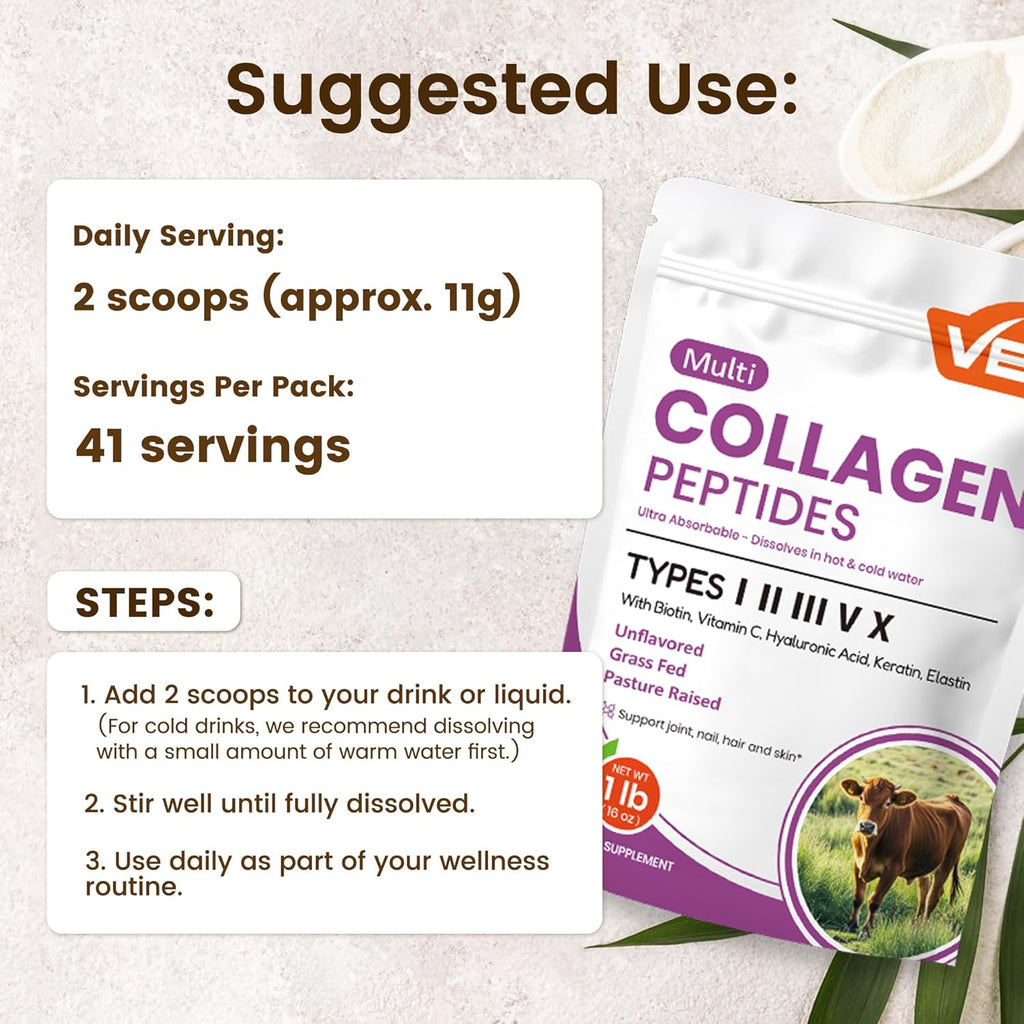 VEV Multi Collagen Peptides Powder, 16 oz (41 Servings) – Type I, II, III, V, X, Hydrolyzed Collagen, Hyaluronic Acid Power, Biotin, Vitamin C, Supports Skin, Unflavored, Dissolves Easily