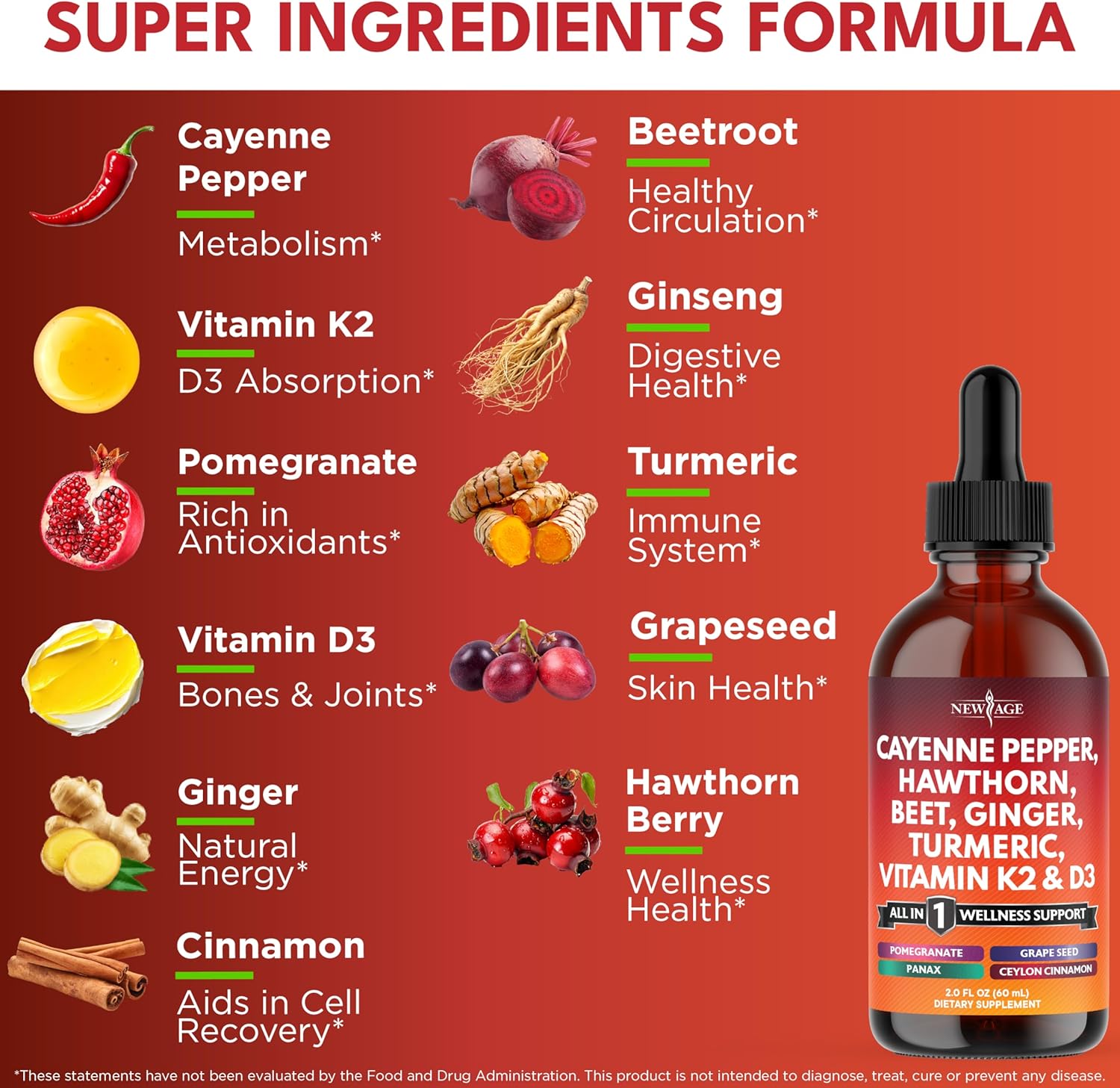 Cayenne Pepper Supplement Liquid Drops + Hawthorn Berry, Vitamin D3 K2 Beet Root Powder, Ceylon Cinnamon, Turmeric Curcumin, Organic Panax Ginseng - 8 oz