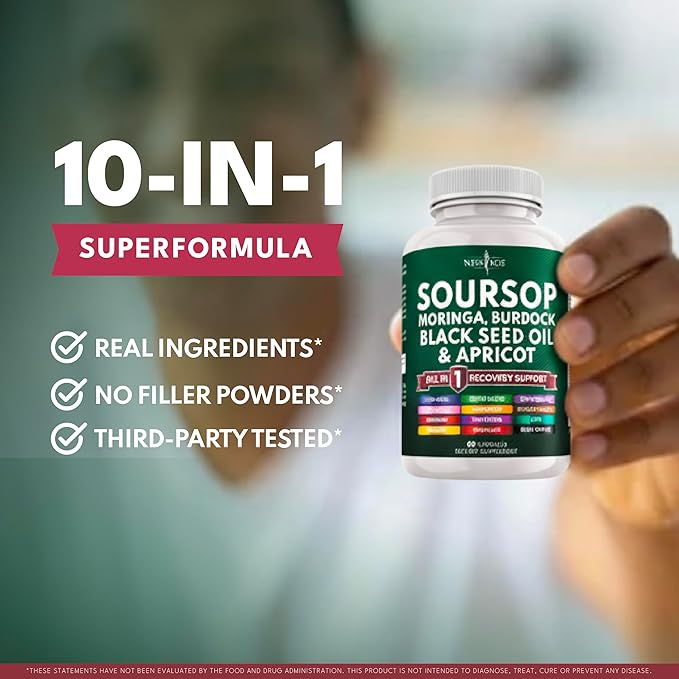 Soursop Supplement - Moringa, Sea Moss, Black Seed Oil, Berberine, Turmeric, Apricot, Quercetin, Greens, Bitters, Boswellia, Bitter Melon, Burdock Root - 180 Capsules