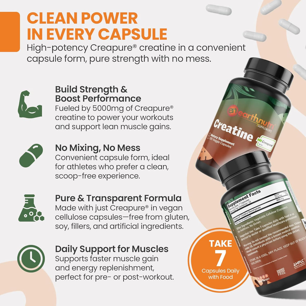 EarthNutri Creatine Monohydrate Capsules - Micronized for Better Absorption - Supports Muscle Strength, Strength & Recovery - 105 Capsules (5000mg per Serving, 7 Capsules)