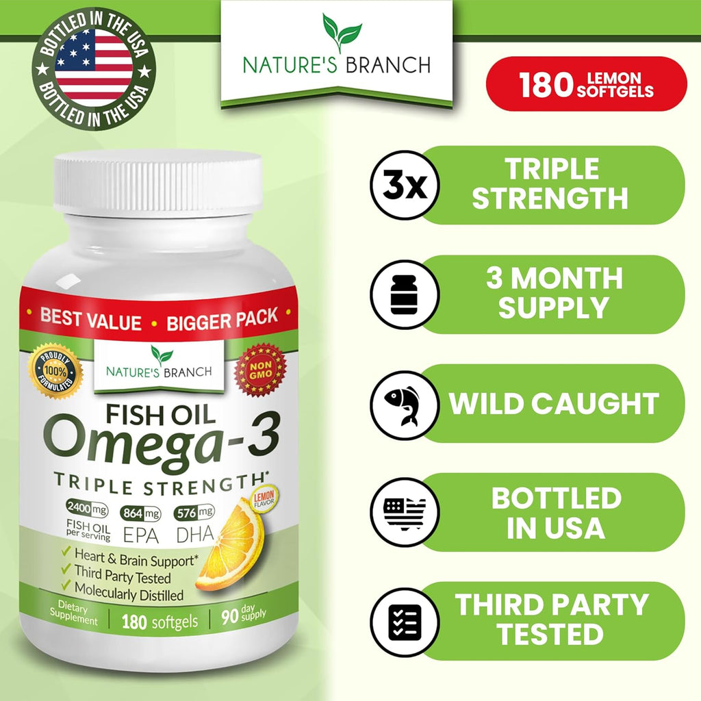 Best Triple Strength Omega 3 Fish Oil Pills - 180 Capsules - 2400mg High Potency Burpless Lemon Flavor 864mg EPA 576mg DHA Ultra Pure Liquid Softgels for Brain Joints Eyes Heart Health Supplement