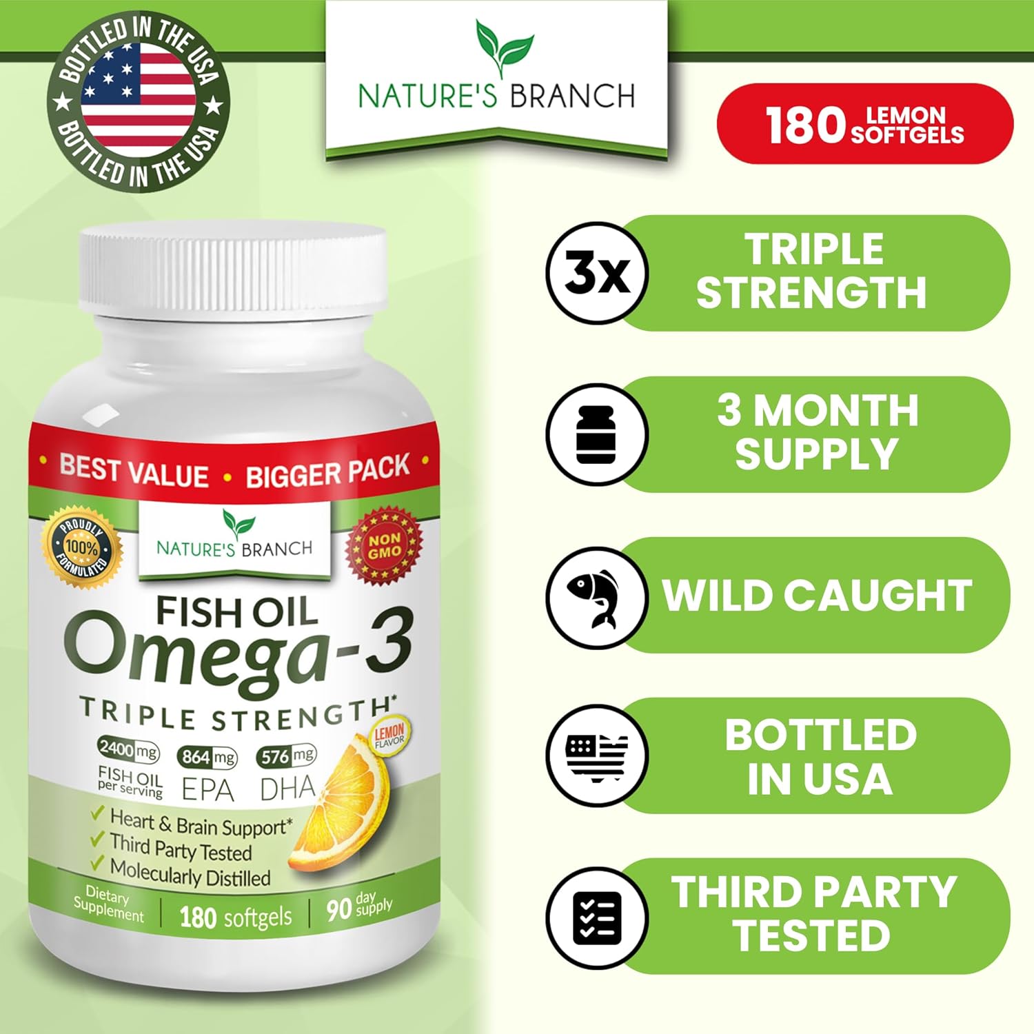 Best Triple Strength Omega 3 Fish Oil Pills - 180 Capsules - 2400mg High Potency Burpless Lemon Flavor 864mg EPA 576mg DHA Ultra Pure Liquid Softgels for Brain Joints Eyes Heart Health Supplement