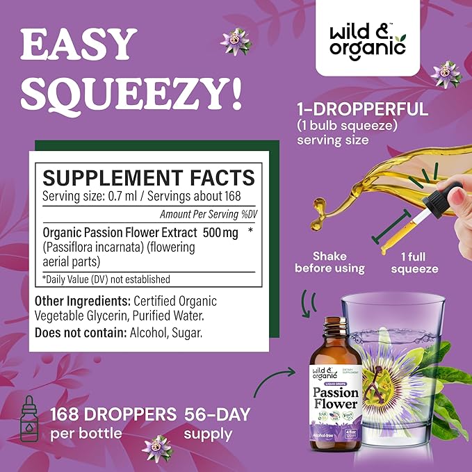 Wild & Organic Passion Flower Tincture - Mood Support - Calming Passionflower Supplement - Passiflora Incarnata Liquid Extract - Vegan, Sugar & Alcohol-Free Herb Drops - 4 fl oz