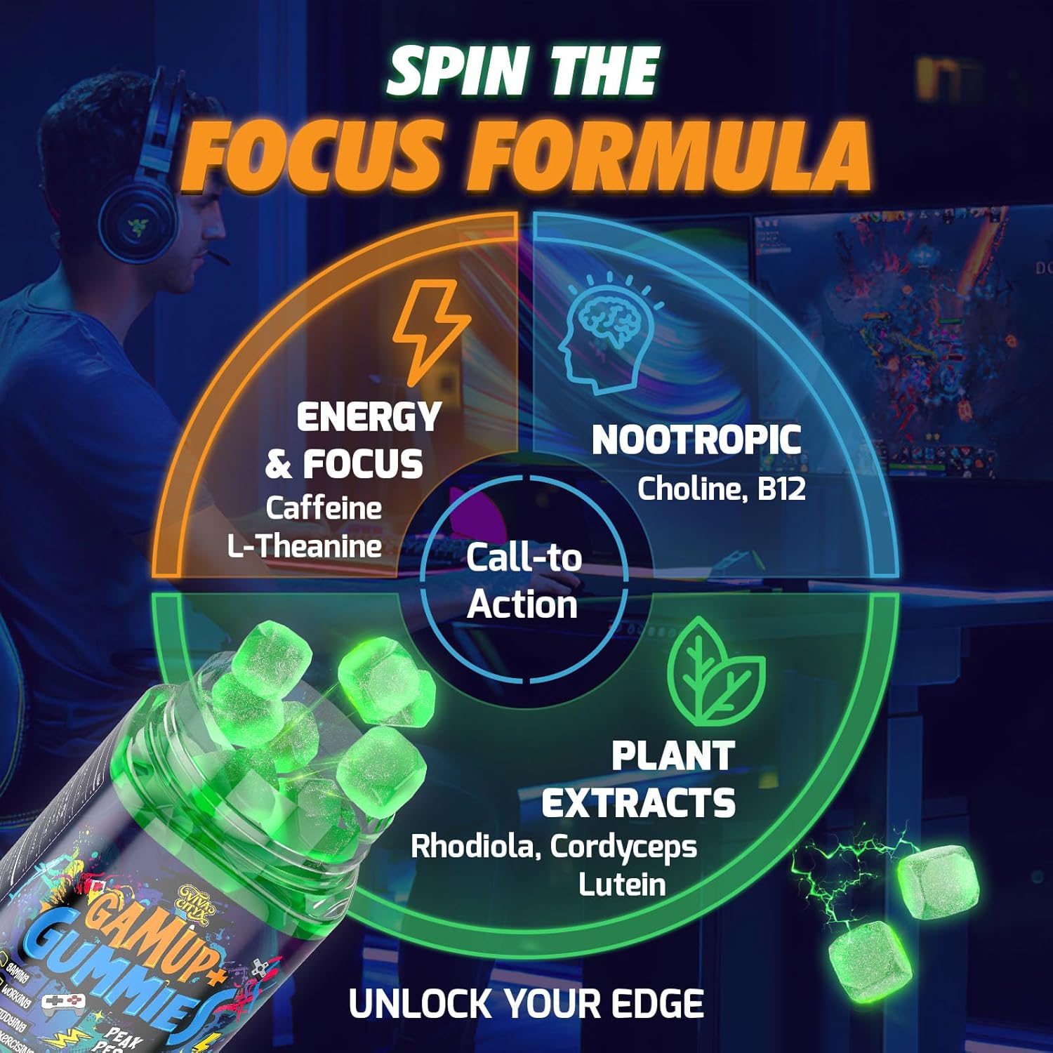 Energy and Focus Gummies - Natural Caffeine Nootropics Supplement - Brain, Eye, and Bone Complex - Sugar-Free Peppermint - for Gamers, Workers, and Active Lifestyles - 120 Gummies
