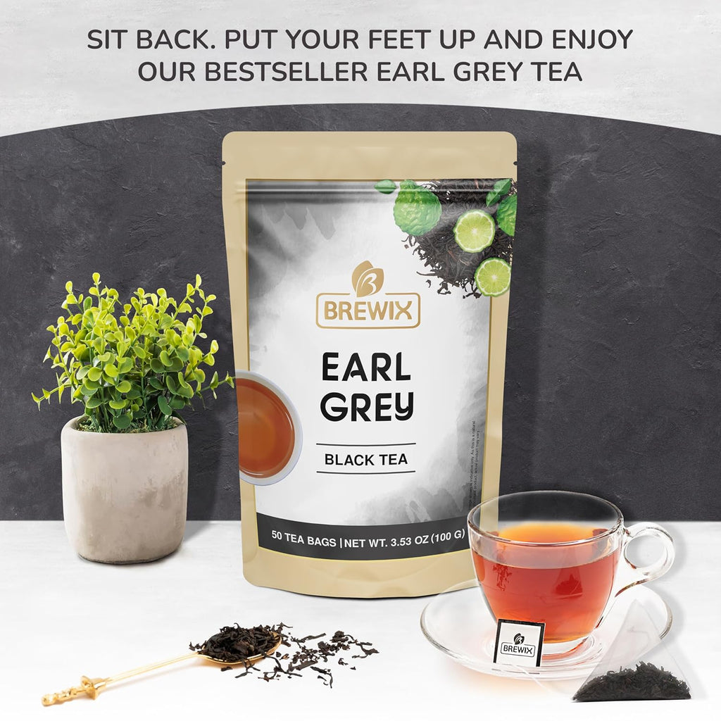 BREWIX, Earl Grey Black Tea (50 Pyramid Tea Bags) Black Tea with Bergamot | Gluten Free, Energizing & Caffeinated | Sugar-Free, High Caffeine | Gourmet Tea