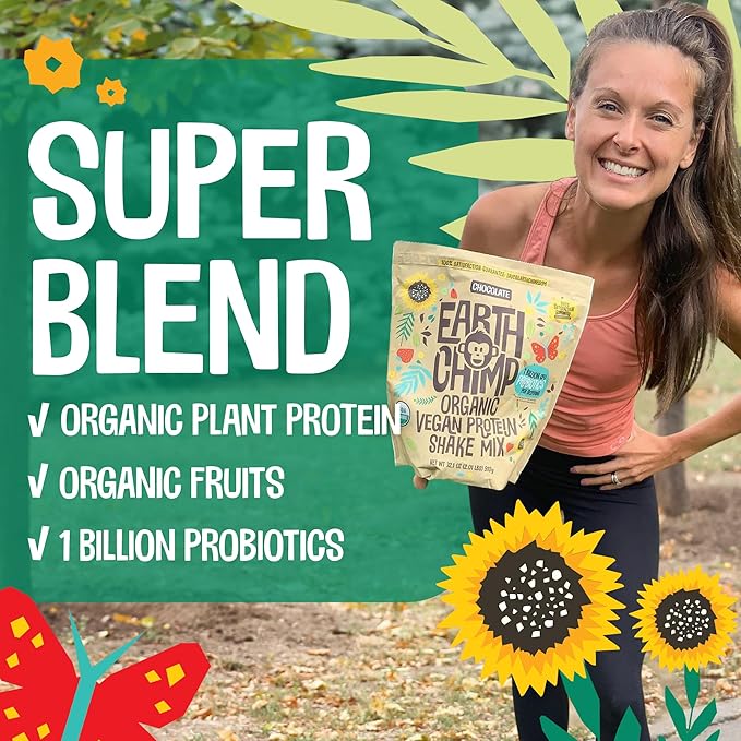 EarthChimp Organic Vegan Protein Powder - with Probiotics - Non GMO, Dairy Free, Non Whey, Plant Based Protein Powder for Women and Men, Gluten Free - 52 Servings 64 Oz (Chocolate) No Scoop