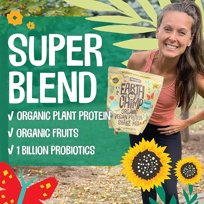 EarthChimp Organic Vegan Protein Powder - with Probiotics - Non GMO, Dairy Free, Non Whey, Plant Based Protein Powder for Women and Men, Gluten Free - 26 Servings 32 Oz (Chocolate) No Scoop