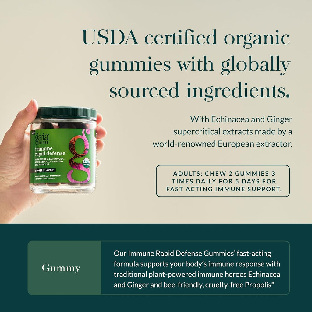 Gaia Herbs Organic Immune Rapid Defense Gummies - Supports Immunity - with Propolis, Ginger, and Echinacea - 60 Vegan Gummies (30-Day Supply)