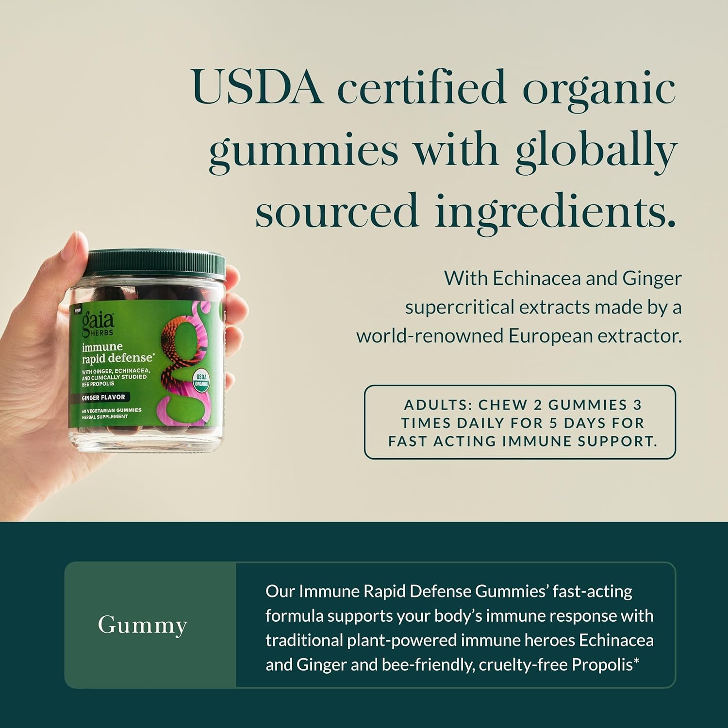 Gaia Herbs Organic Immune Rapid Defense Gummies - Supports Immunity - with Propolis, Ginger, and Echinacea - 60 Vegan Gummies (30-Day Supply)