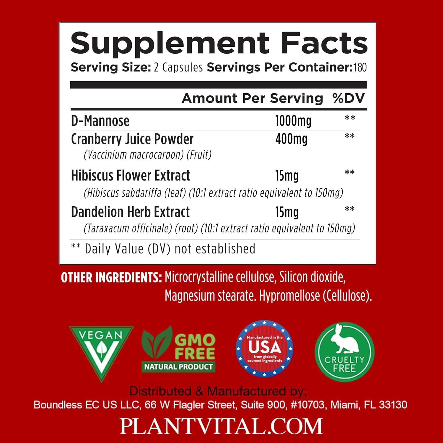 Plantvital D Mannose Capsules with Cranberry - D-mannose 1000mg Capsules - High Potency for Bladder, Kidney and Urinary Tract Support. Cranberry Powder with Hibiscus and Dandelion. 6 Months Supply