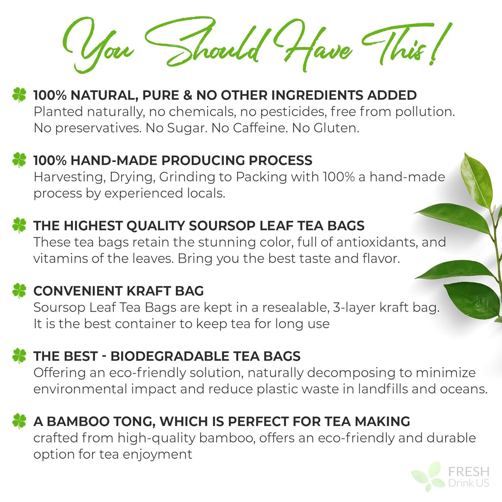 FreshDrinkUS, Premium 33 Soursop Graviola Leaf Tea Bags, 100% Natural & Pure from Soursop Leaves, Hoja Guanabana Herbal Tea. Made with Natural Material Tea Bags. No Sugar, No Caffeine, Vegan.