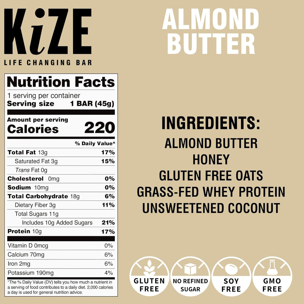 KiZE Energy Bars - Almond Butter - 30-Count - Almond-Butter-Based, Gluten Free, Non-GMO, and High Protein Meal Replacement Energy Bars, Clean and Simple Food Ingredients - 10g High Protein Snacks (30 Count)