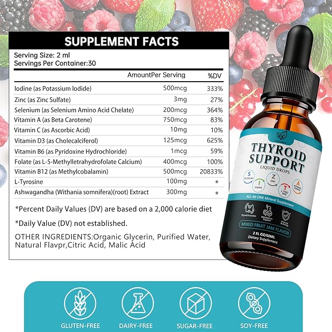 Thyroid Support For Women & Men Liquid Drops.Thyroid Supplement Drops With Selenium Zinc Iodine L-Tyrosine Ashwagandha For Energy & Metabolism Support, Hormone Balance,Vegan，Additives Free - 2 Fl. Oz