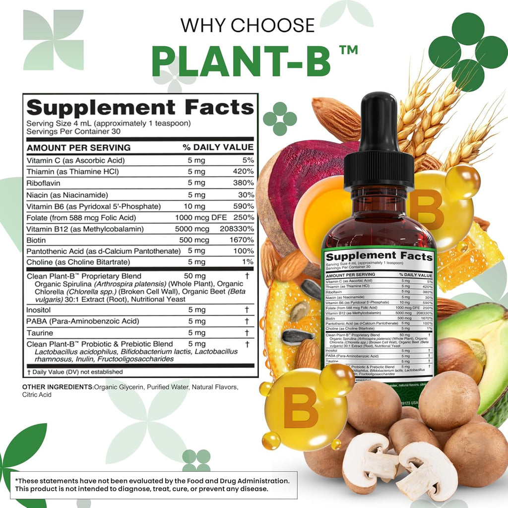 Vitamin B Complex Liquid Drops | Thiamine B1, B6, B2, B3, B4, B5, B7 B9, B12, Niacinamide, Paba, Choline Inositol Taurine Probiotics Beet Root Spirulina - Plant-B Vitamin Supplements by Clean Nutra