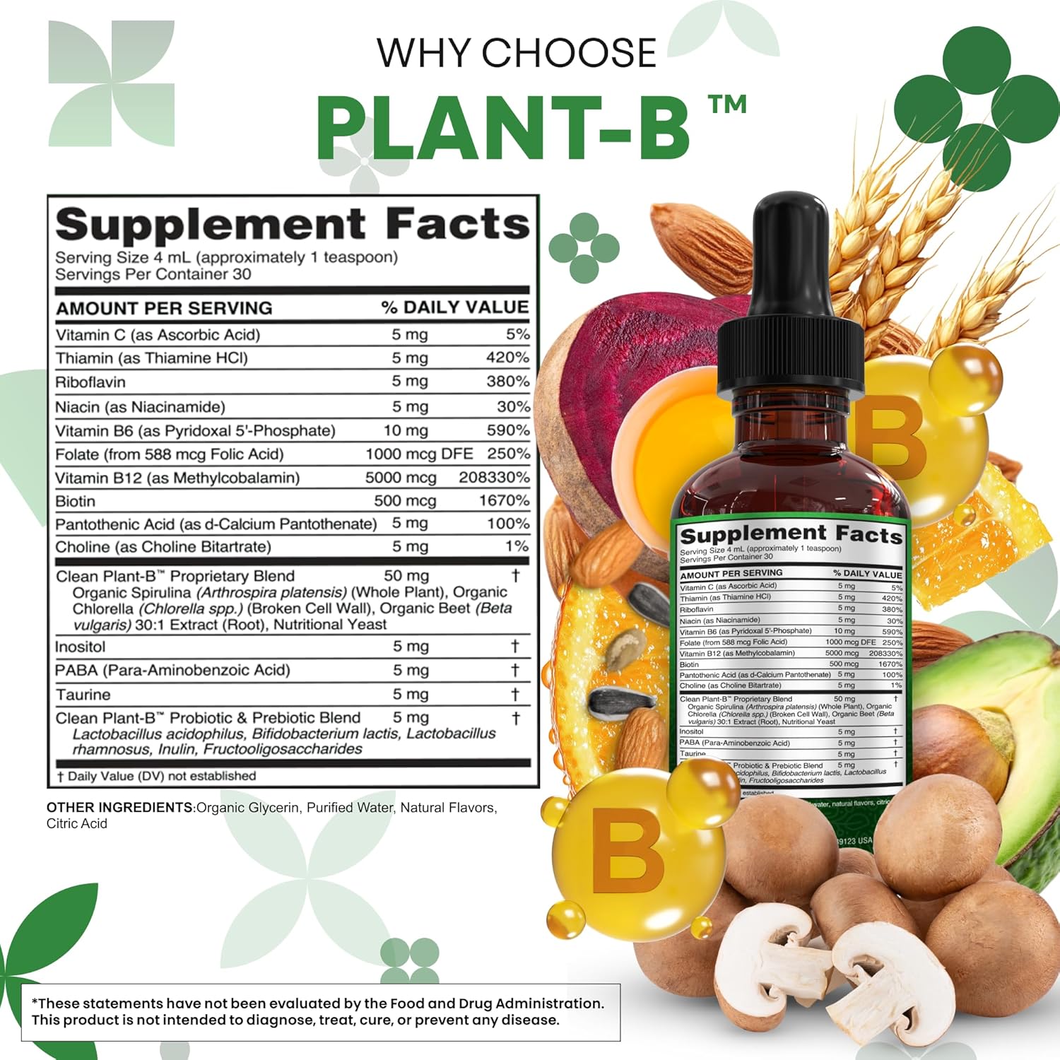Vitamin B Complex Liquid Drops | Thiamine B1, B6, B2, B3, B4, B5, B7 B9, B12, Niacinamide, Paba, Choline Inositol Taurine Probiotics Beet Root Spirulina - Plant-B Vitamin Supplements by Clean Nutra