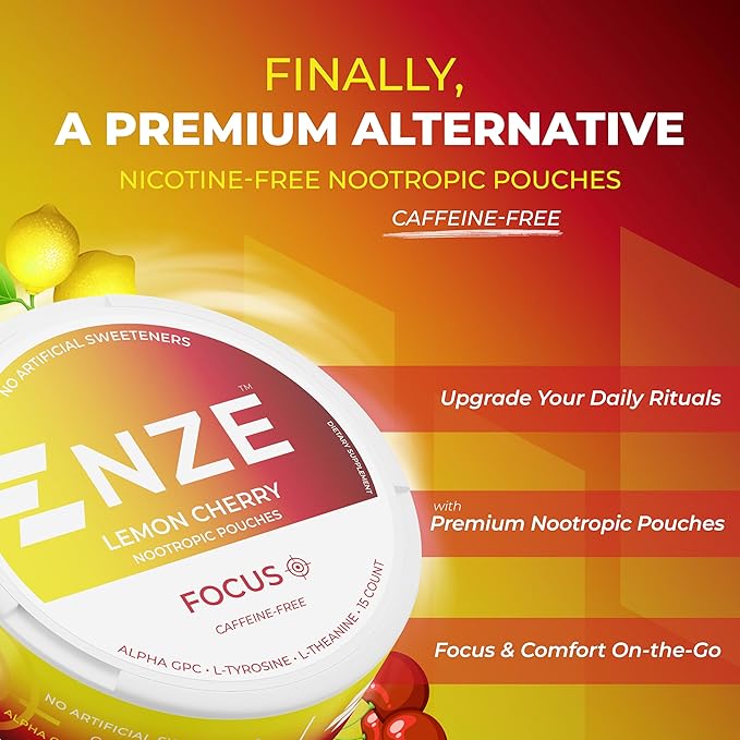 NZE Caffeine Free Nootropic Pouches (Lemon Cherry) - Nootropic Pouches with Alpha GPC, L-Tyrosine & L-Theanine - No Sugar or Artificial Sweeteners - 15 Pouches Per Can - 5 Pack