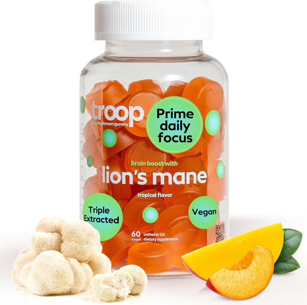 Troop Mushroom Lion's Mane Gummies, Supplement for Focus & Mood, Cognitive, Immune & Memory Support - Brain Boost, Natural Peach Mango Flavored Nootropic with Fruit Body Gummy - Vegan, 60 Count