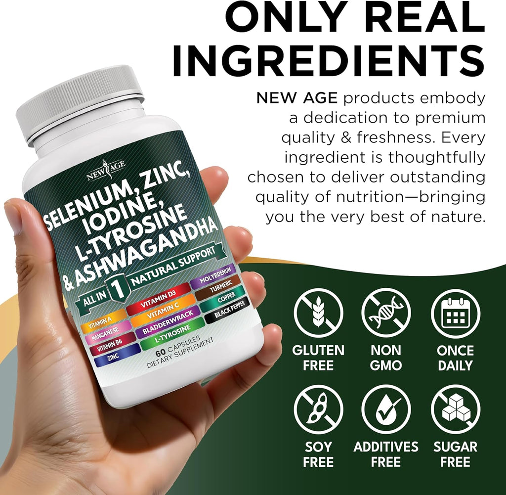 Selenium, Zinc, Iodine, L Tyrosine, Ashwagandha - Thyroid Support Supplement for Women and Men with Bladderwrack, Turmeric, Silica Kelp, Schisandra - 60 Count