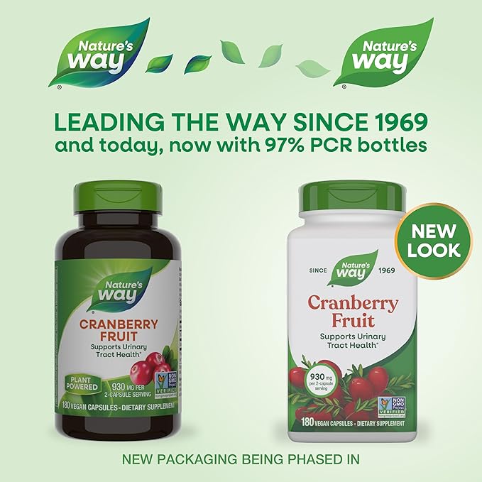 Nature's Way Cranberry Fruit, Cranberry Supplements, Supports Urinary Tract Health*, 930 mg per 2-Capsule Serving, 180 Capsules (Packaging May Vary)