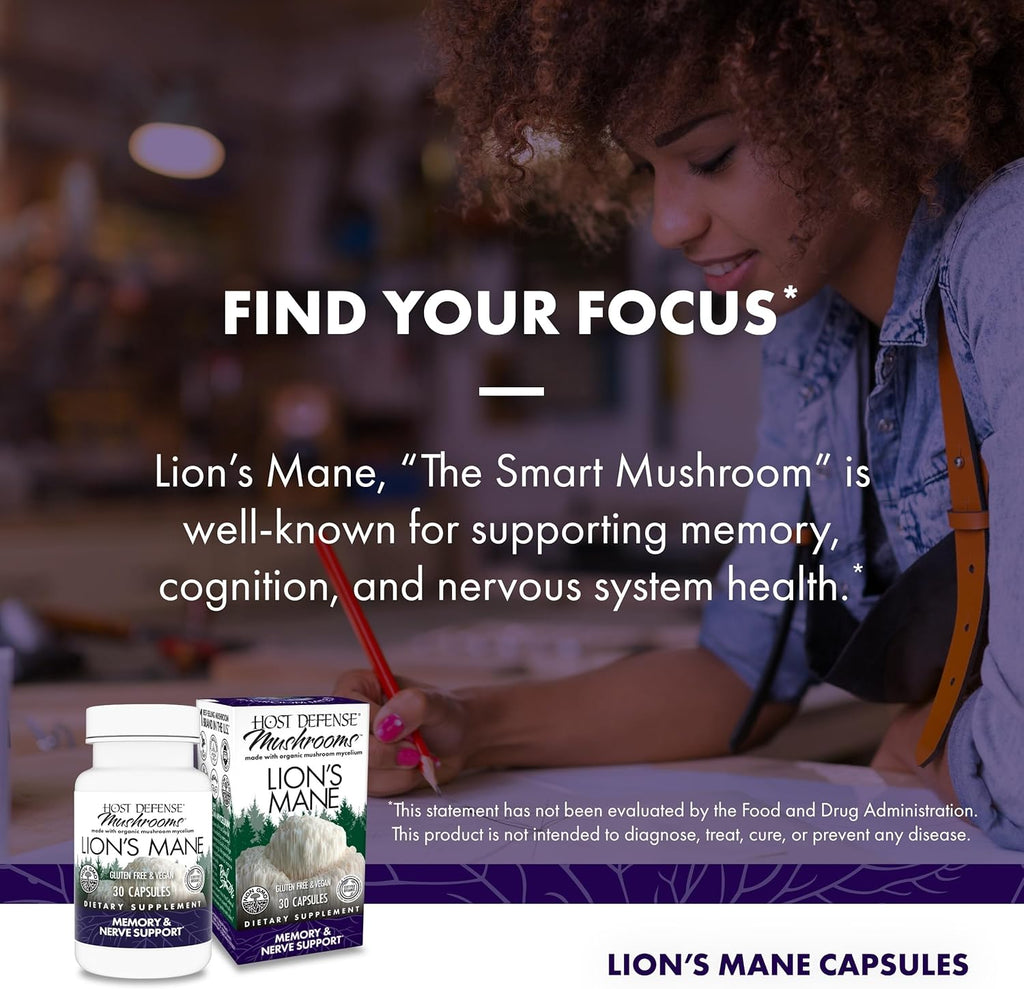 Host Defense Mushrooms Lion's Mane - Supplement Capsules for Brain Health Support - Mushroom Support for Focus & Memory Function - Immune & Nervous System Supplement - 30 Capsules (15 Servings)*