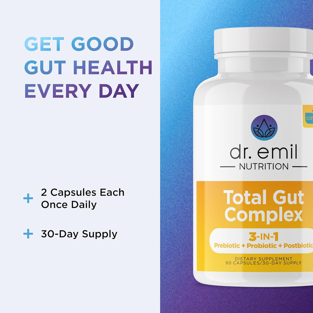 DR. EMIL NUTRITION Total Gut Health Complex - Prebiotic, Probiotic & Postbiotic Supplement - Supports Digestive Health, Bloating & Gut Balance - Non-GMO & Soy-Free - 60 Capsules