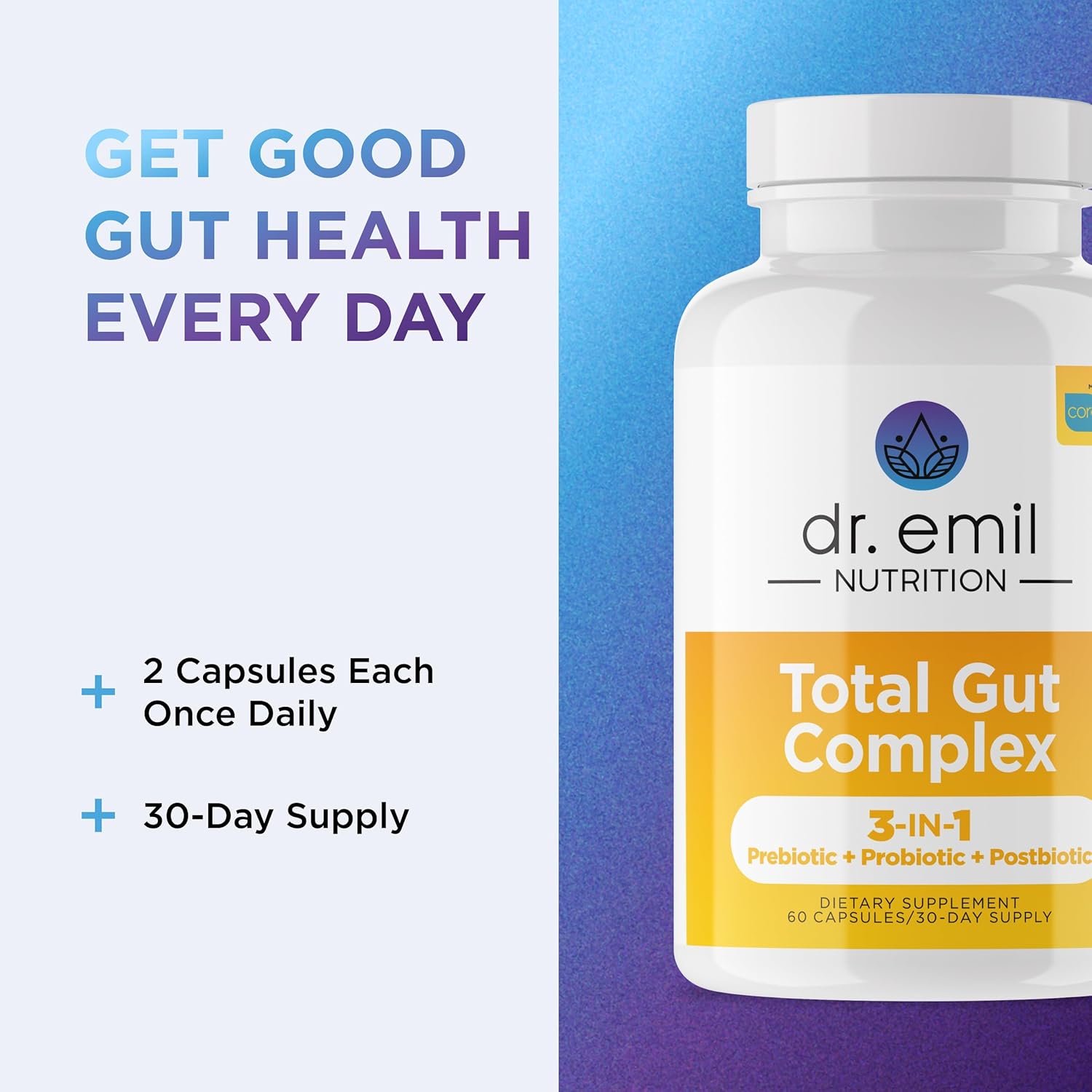 DR. EMIL NUTRITION Total Gut Health Complex - Prebiotic, Probiotic & Postbiotic Supplement - Supports Digestive Health, Bloating & Gut Balance - Non-GMO & Soy-Free - 60 Capsules