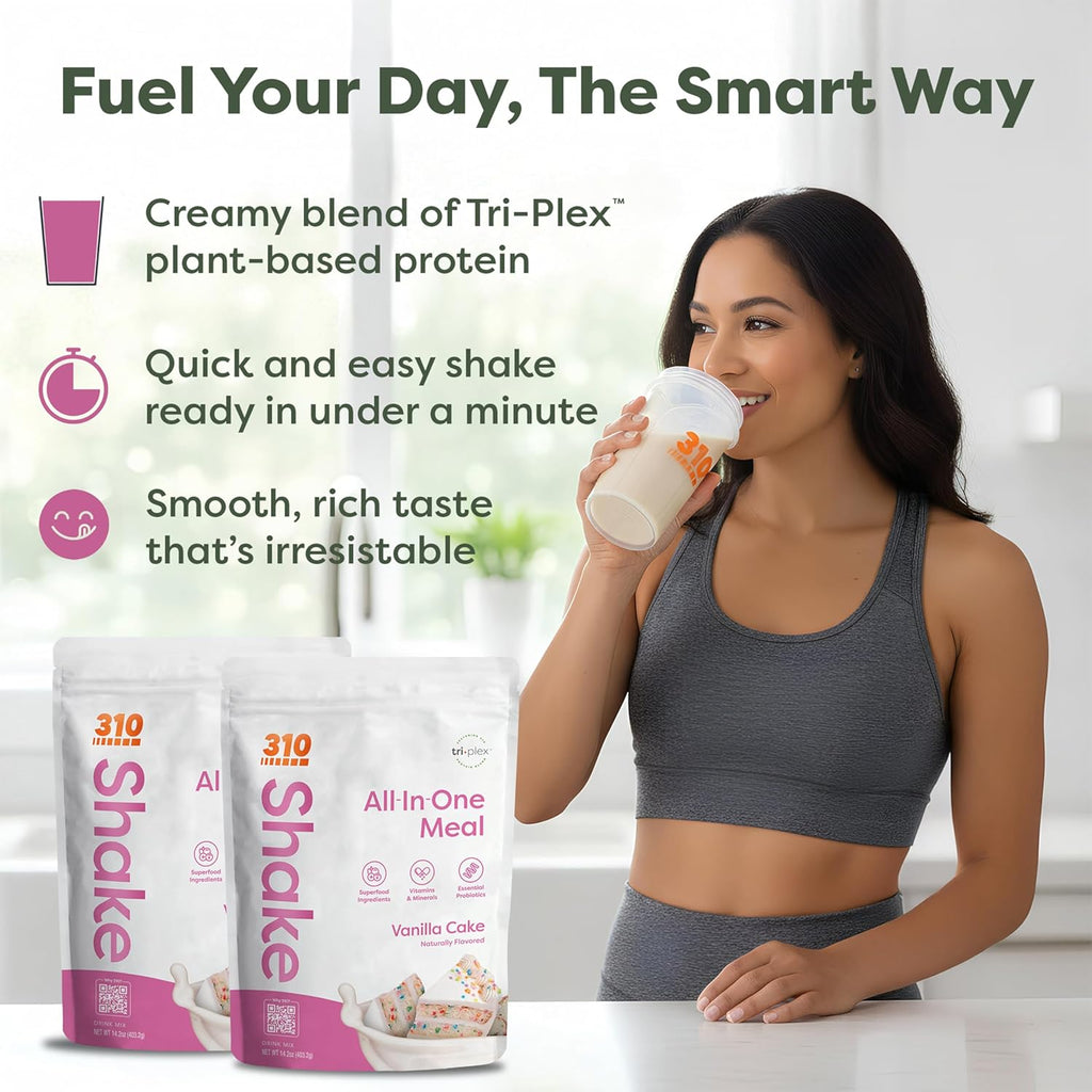 310 Nutrition All-In-One Meal Replacement Shake Powder - Plant-Based Protein Smoothie Blend w/High Fiber, Probiotics & Adaptogens - Low Carb, Vegan, Keto & Paleo Friendly - Vanilla Cake - 14 Srv