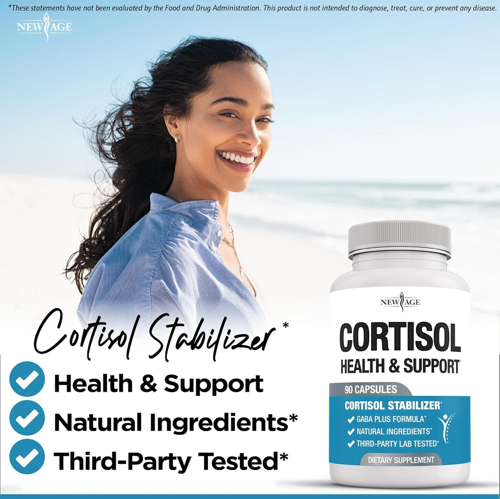 NEW AGE Cortisol Supplement for Women - Cortisol Detox Manager Reducer- Ashwagandha, GABA, 5 HTP, L-Tryptophan, L-Theanine - 90 Count
