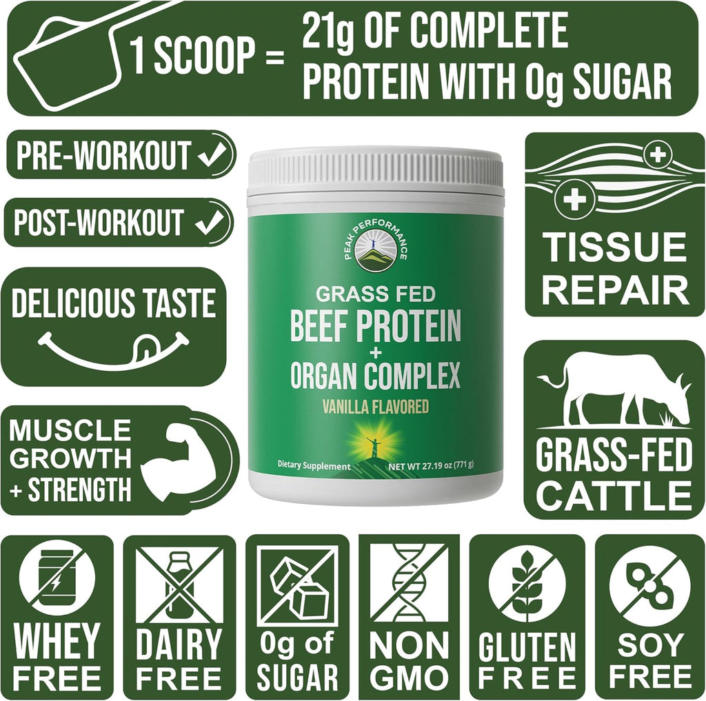 Grass Fed Beef Protein Powder + Organ Complex. Lactose Free Great Tasting Beef Protein Isolate + Organs. Animal Based Non Dairy No Whey Paleo Carnivore Supplement for Muscle Building. Vanilla Flavor