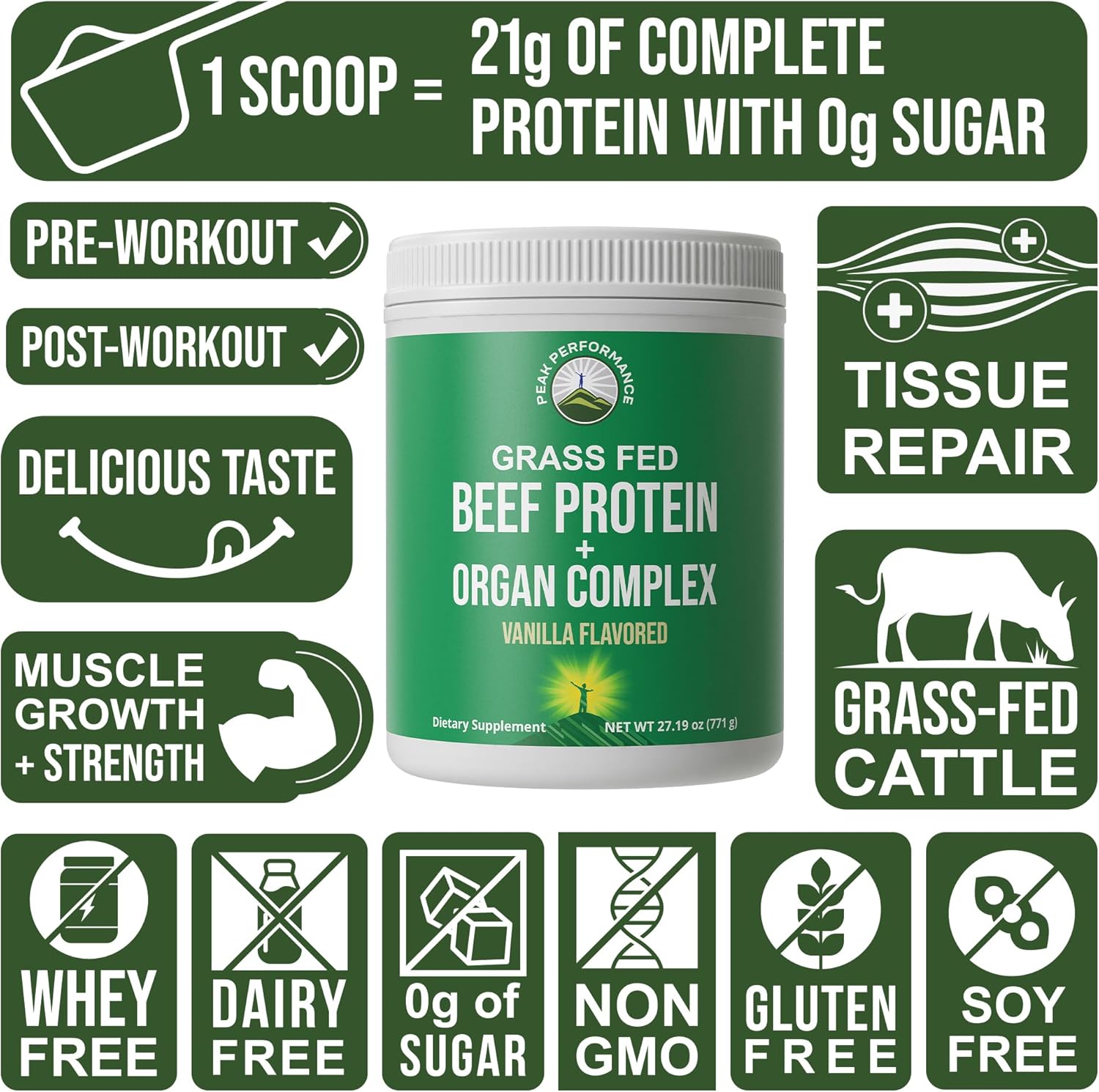 Grass Fed Beef Protein Powder + Organ Complex. Lactose Free Great Tasting Beef Protein Isolate + Organs. Animal Based Non Dairy No Whey Paleo Carnivore Supplement for Muscle Building. Vanilla Flavor