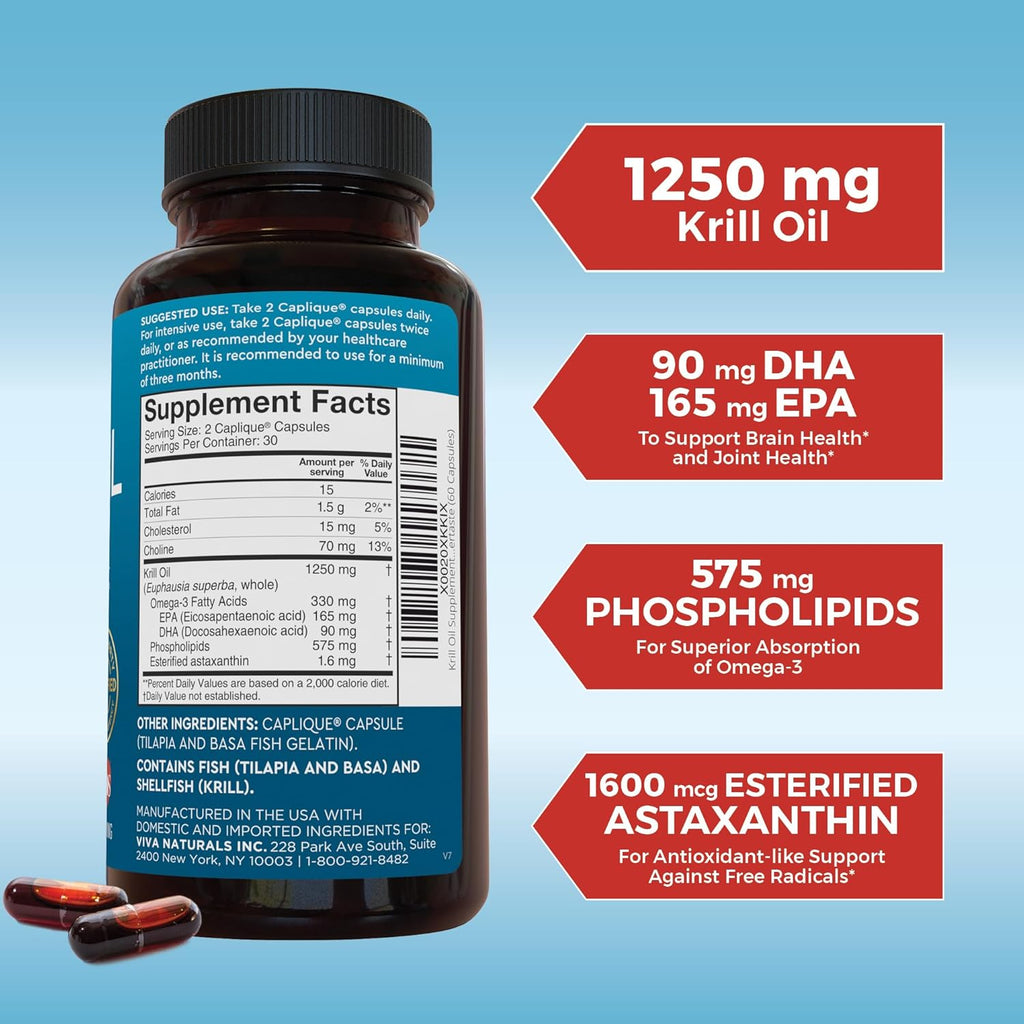 Viva Naturals Antarctic Krill Oil 1250 mg, Omega 3 EPA DHA and Astaxanthin, Joint Support and Brain Supplement with Antioxidant Properties, No Fishy Aftertaste (Pack of 6)