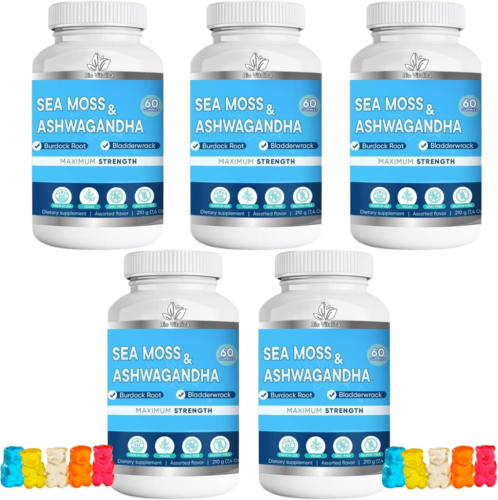 BIO VITALICA Sea Moss Ashwagandha Gummies - Organic Irish Seamoss & Ashwa Root Powder Supplements for Supporting Energy & Immunity for Men and Women - 5 Packs