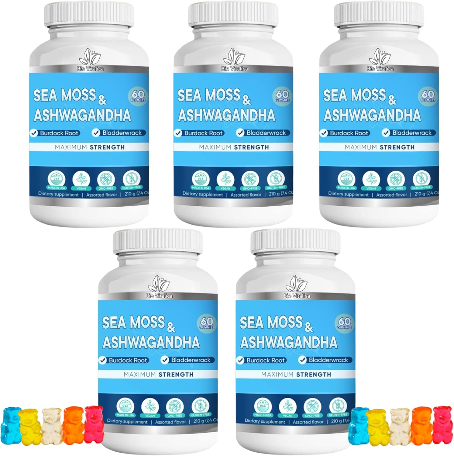 BIO VITALICA Sea Moss Ashwagandha Gummies - Organic Irish Seamoss & Ashwa Root Powder Supplements for Supporting Energy & Immunity for Men and Women - 5 Packs