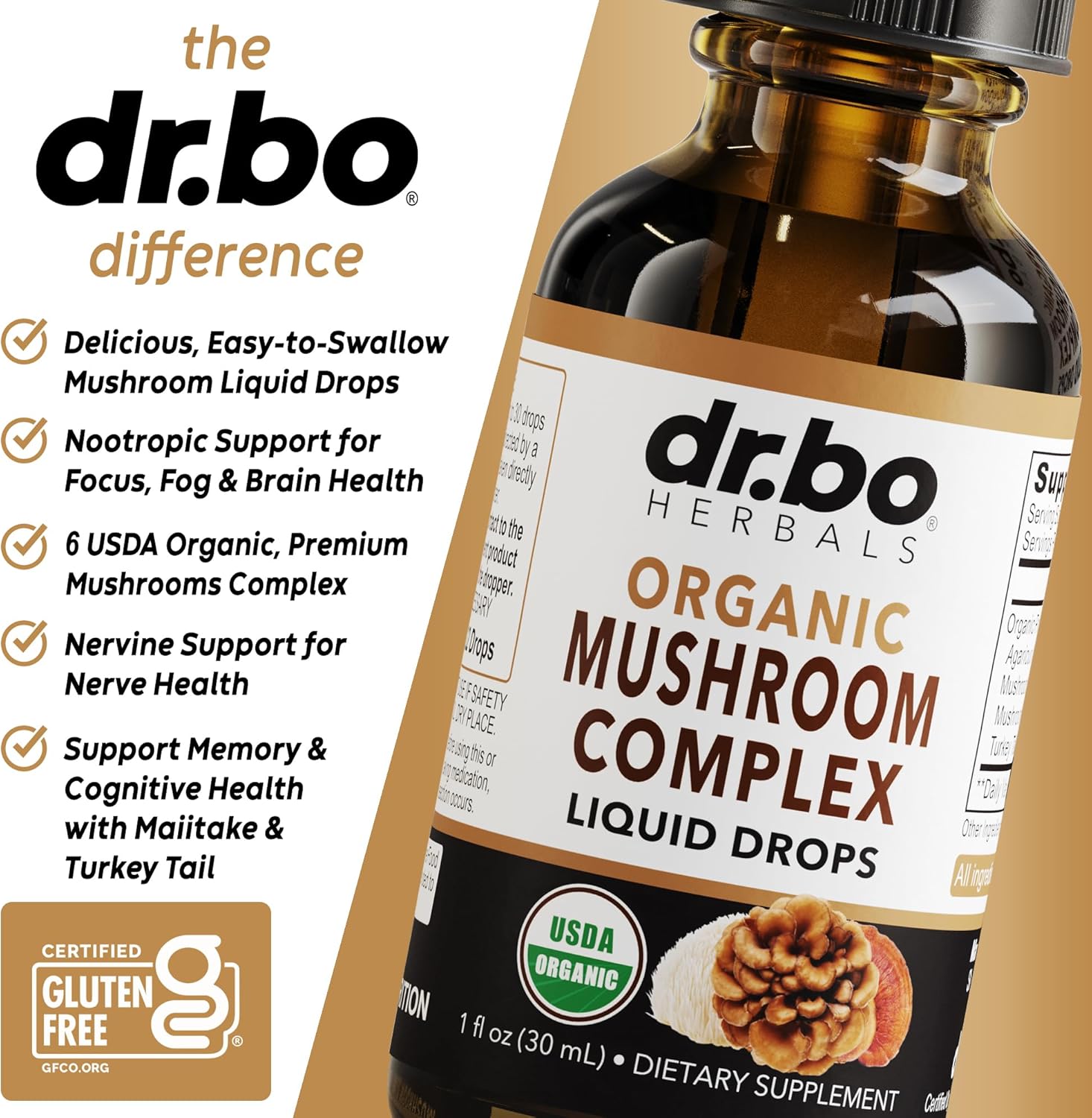 Organic Lions Mane Mushroom Complex - Mushroom Supplement Liquid Drops Tincture for Focus, Fog, Brain Health Supplements - Vegan, Herbal Organic Lion's Mane Mushrooms, Reishi, Turkey Tail Extract 1oz