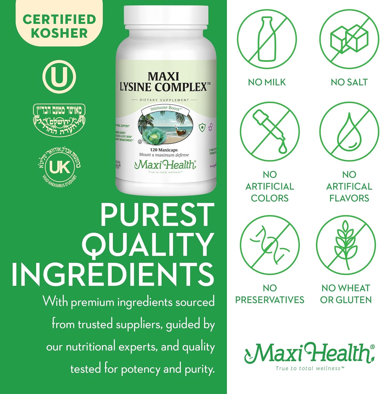 Maxi Health Lysine Complex with Probiotics - L-Lysine 1000mg for Protein Synthesis Canker Sores, and Skin – 60 Capsules