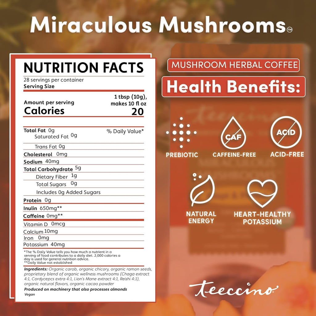 Teeccino Miraculous Mushrooms Adapt & Protect Coffee Alternative, 10 Oz – 5 Organic Adaptogenic Mushrooms with Chicory & Cacao, Caffeine Free, Prebiotic, Acid Free, All-Purpose Grind