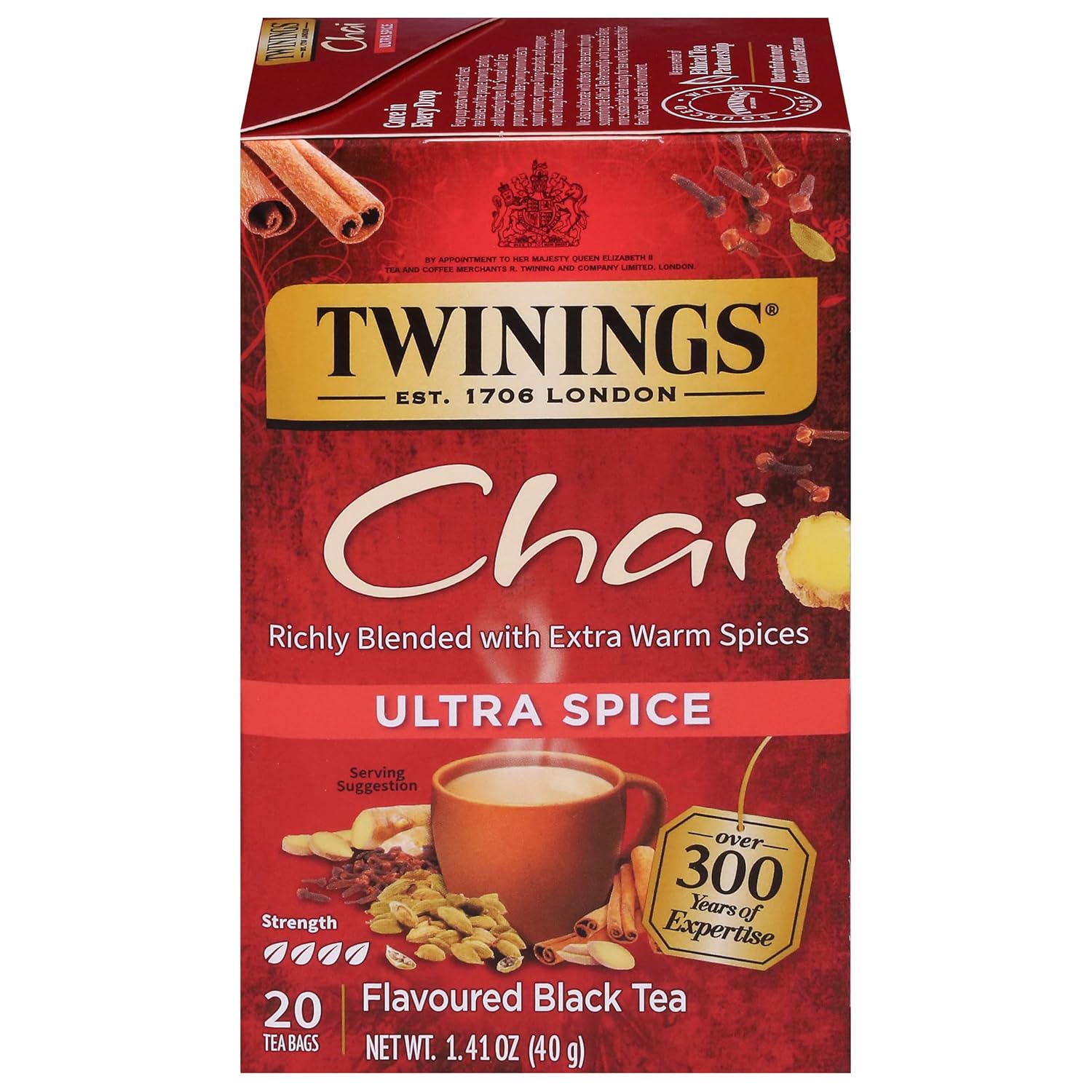 Twinings Chai Tea, Ultra Spice Chai Tea Bags with Cinnamon, Ginger, Cardamon, Clove for a Spicy Chai Tea Latte, 20 Tea Bags