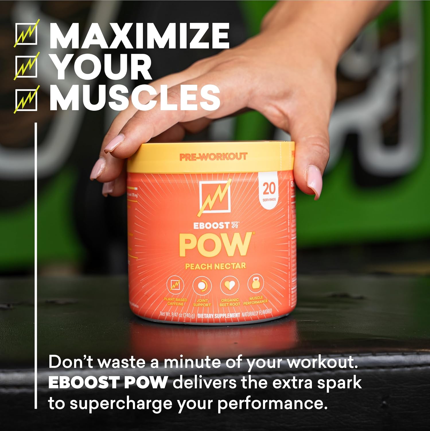 EBOOST POW Natural Pre Workout Powder - 20 Servings, Peach Nectar - Preworkout Energy Booster Gym Supplement Drink Mix for Men and Women - Performance, Joint Mobility Support - Gluten-Free