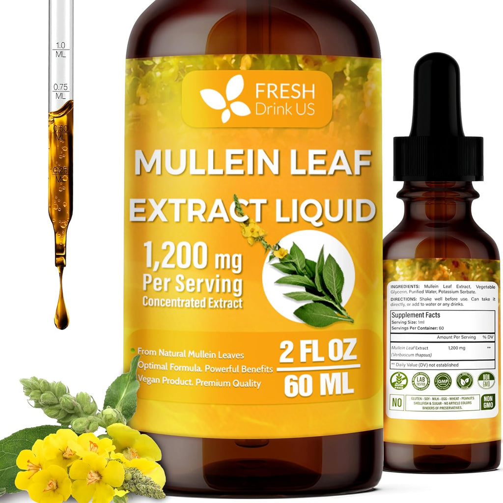 FRESHDRINKUS, 2 fl oz (60ml) Mullein Drops for Lungs Cleanse Support, Mullein Extract Liquid, 1200mg per Serving, 60 Days Supply – 100% from Natural Mullein Leaves, Non-GMO, Gluten-Free (2 fl oz)