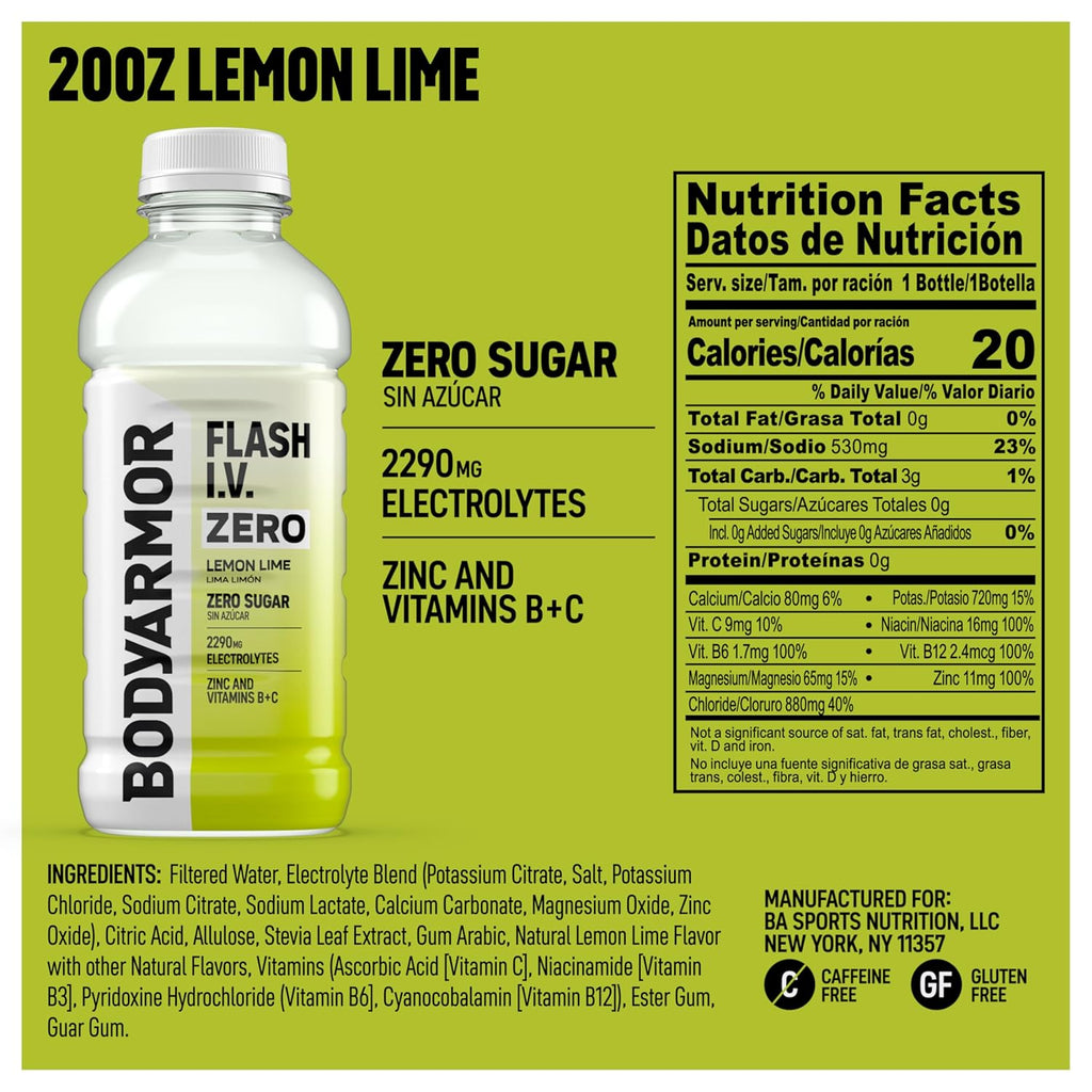 BODYARMOR Flash I.V. Zero Sugar Electrolyte Beverage, Lemon Lime, Hydration Drink For Rapid Rehydration, Post Workout Recovery, 20 Fl Oz (Pack of 12)