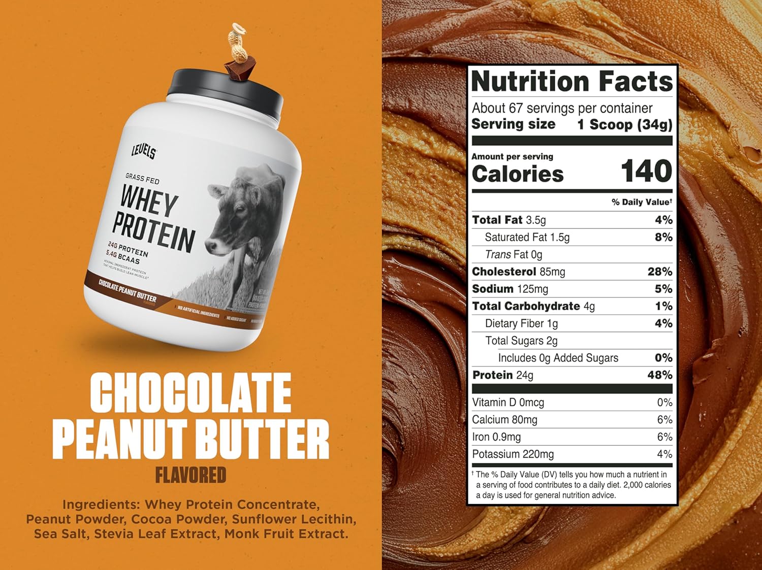Levels Grass Fed Whey Protein Powder, No Artificials, 24G of Protein, Chocolate Peanut Butter, 5LB
