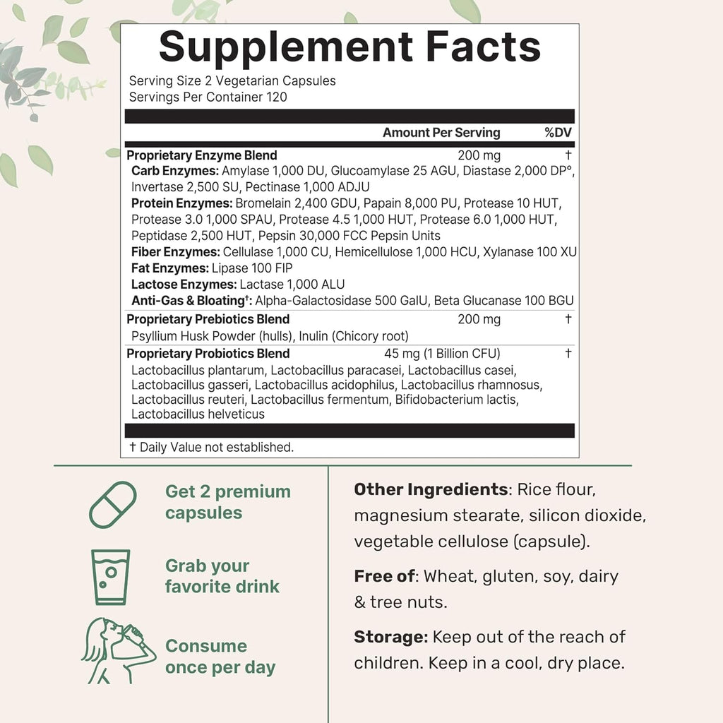 Super Enzymes with Prebiotics & Probiotics, 240 Veggie Capsules | High Potency Digestive Enzymes For Women & Men | Probiotic, Bromelain, Psyllium Husk & More | Immune & Gut Health Support
