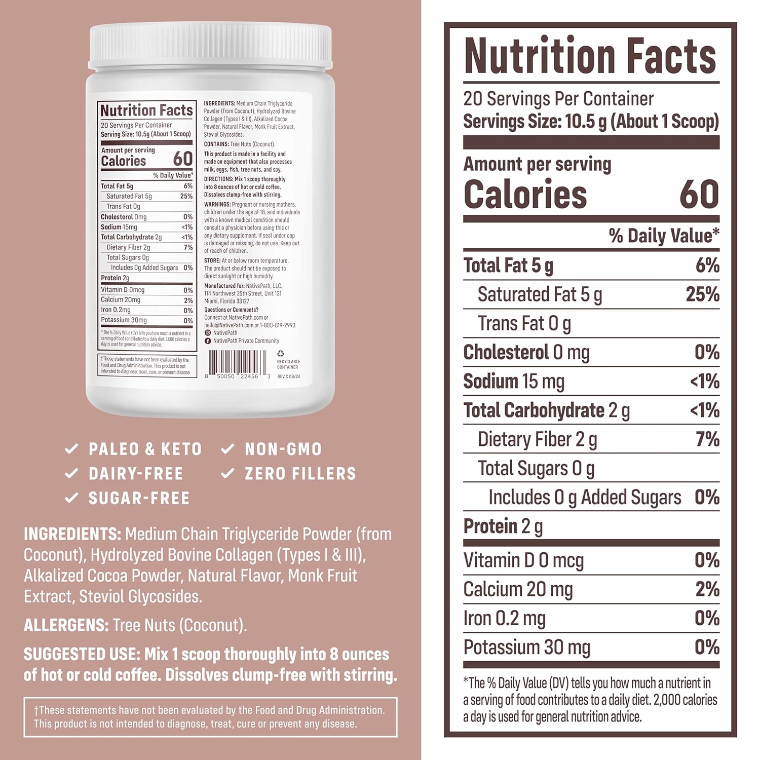 NativePath Keto Coffee Creamer Powder Mocha Latte — Keto-Friendly, Non-Dairy & Low Sugar Creamer. Made with Grass-fed Collagen Protein Powder, MCT Oil & Monk Fruit. Soy & Gluten Free (7.4 OZ)