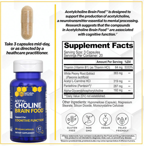 Acetylcholine Brain Food - Acetyl L-Carnitine & Alpha GPC Supplement - Supports Production of Acetylcholine - Neurotransmitter Supplement for Cognitive Function - 60 Capsules