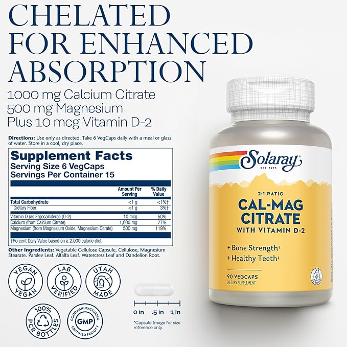 Solaray Calcium Magnesium Citrate 2:1 Ratio - Calcium Supplements for Women and Men w/Magnesium and Vitamin D 2 - Bone Health, Muscle and Nerve Support - Vegan, 60-Day Guarantee, 15 Serv, 90 VegCaps
