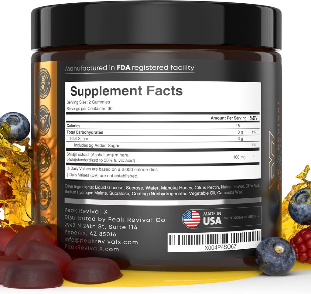 Peak Revival Shilajit Gummies with Manuka Honey, Mixed Berry Flavor, 60 Count, 100mg per Serving, 30 Servings