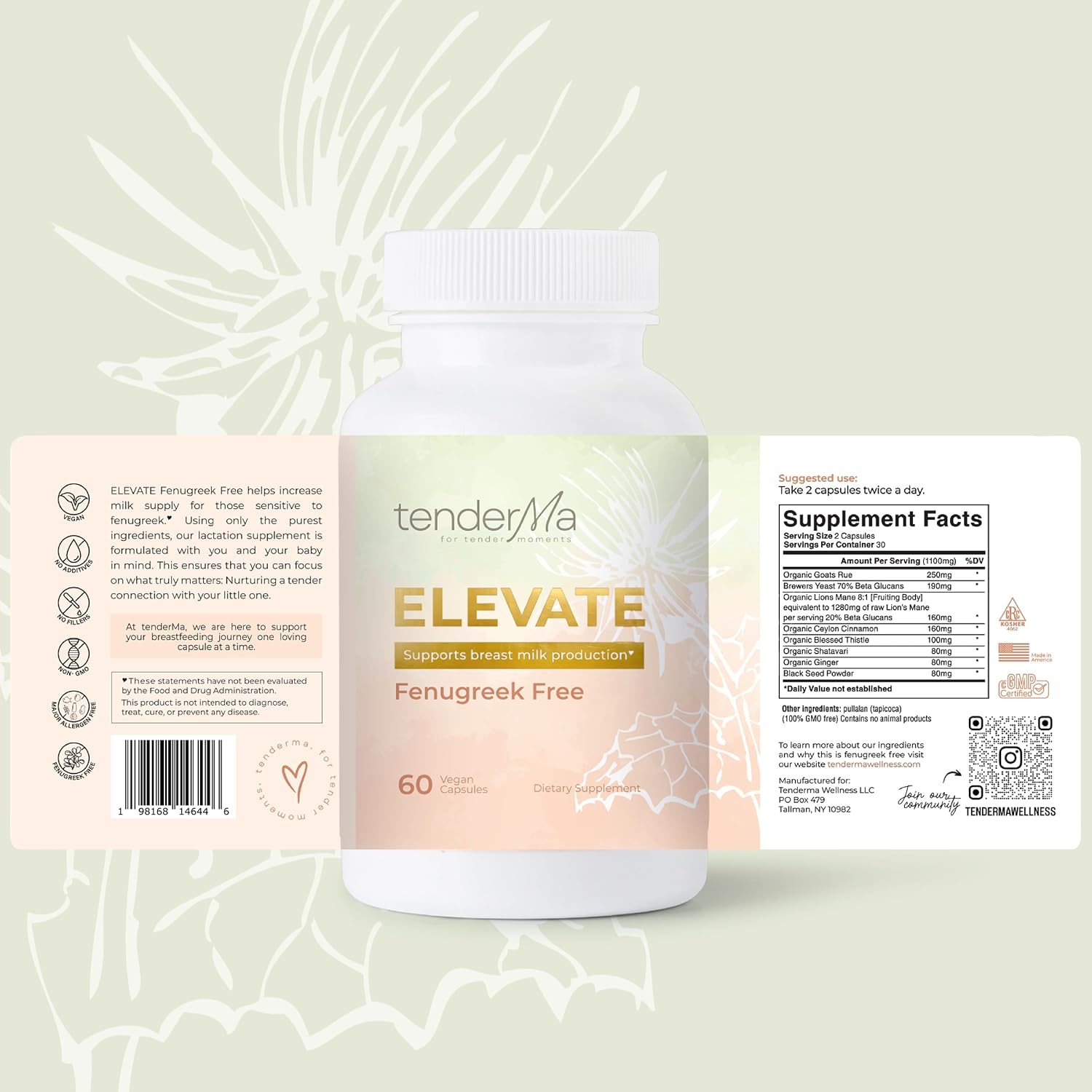 Elevate – Fenugreek-Free Lactation Supplement with Organic Goat’s Rue, Lion’s Mane, Blessed Thistle & Brewer’s Yeast – Vegan, Non-GMO Herbal Breastfeeding Support – 60 Capsules