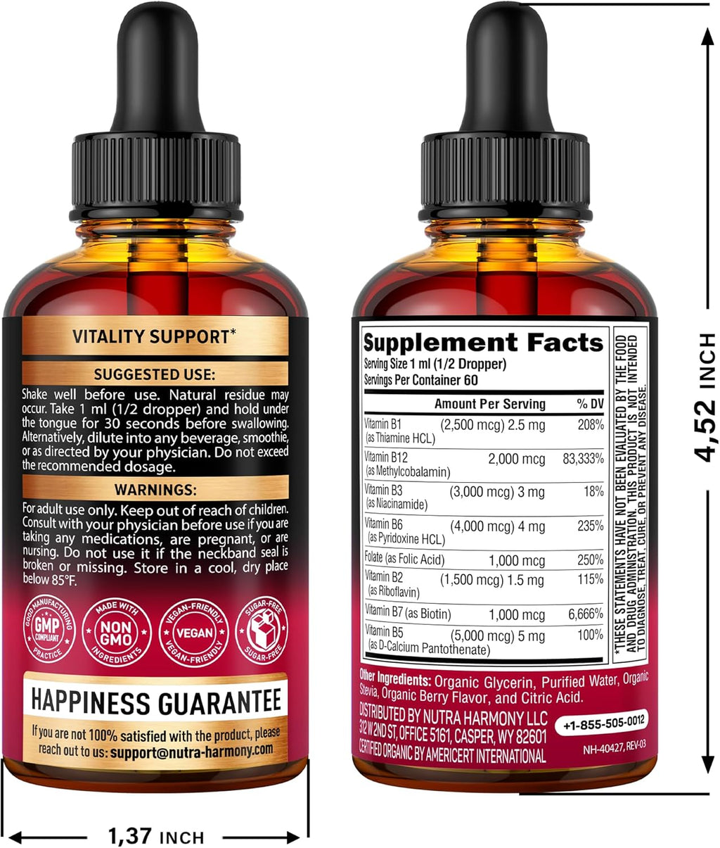USDA Organic Vitamin B-Complex B5 Pantothenic Acid | B12 Methylcobalamin | B1 Thiamine | B6 Pyridoxine | B7 Biotin | B9 Folic | B3 Niacinamide - B Complex Liquid Drops, Made in USA Supplement, 2fl oz