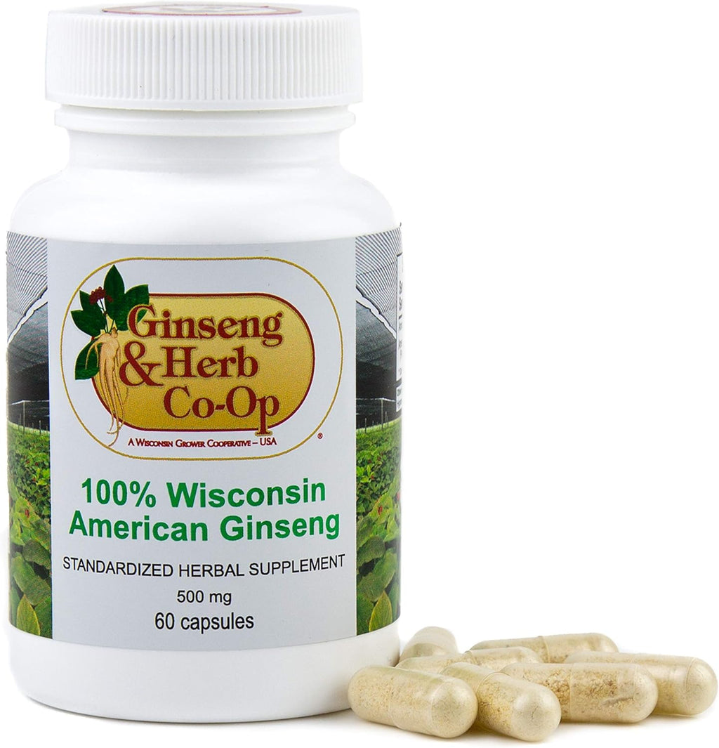 100% Pure Wisconsin American Ginseng Capsules - 500mg. Authentic Panax Quinquefolius. Potent Ground Ginseng Root - No Fillers, Binders or Other Additives.