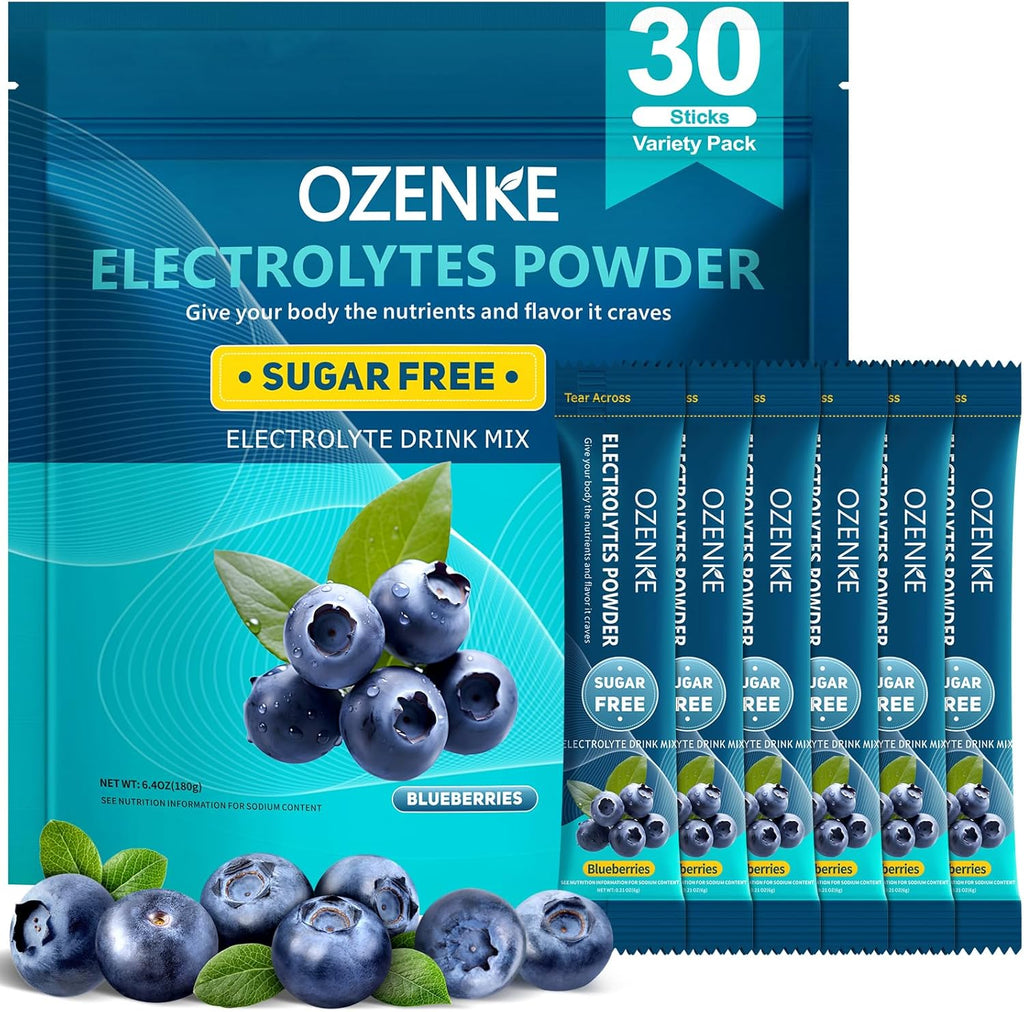 Electrolytes Powder Packets, 30 Sticks Hydration Packets Sugar Free, Electrolyte Drink Mix Portable Electrolyte Packets for Rapid Hydration, 0 Sugar & 0 Calorie, Blueberry Flavor